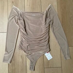 Pinkmstyle mesh long sleeve Ruched Bodysuit - Taupe, Size L